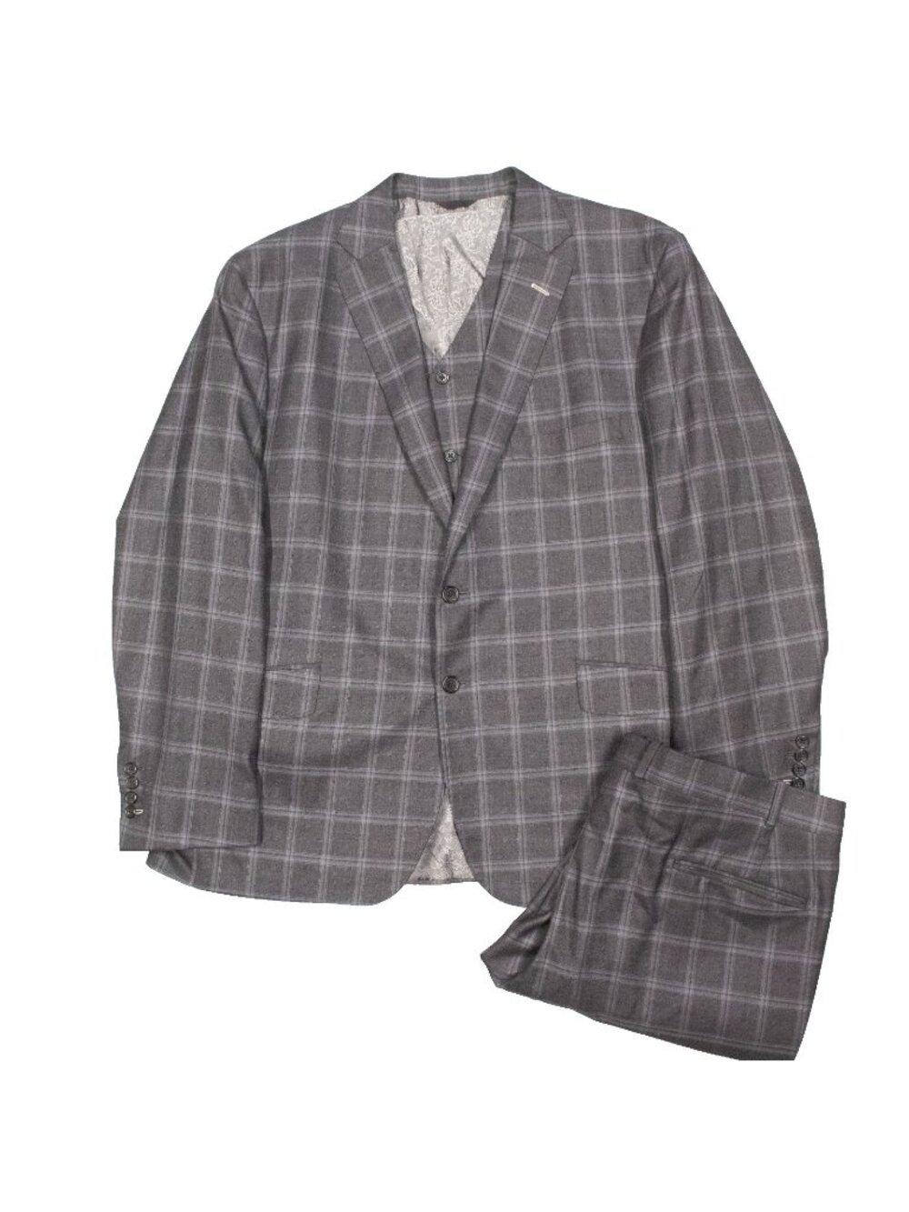 Tom James 3 Piece Suit Windowpane Grey Wool Made in USA 50R 42x29